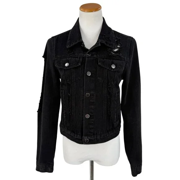 Cisono Black Distressed Button Front Jean Denim Jacket EMO Punk Steampunk Casual - Picture 5 of 10